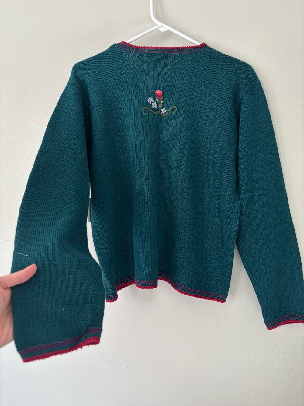 Vintage Cottagecore Teal Floral Knitted Embroidery Fairy Garden Granny Cardigan - Picture 6 of 9